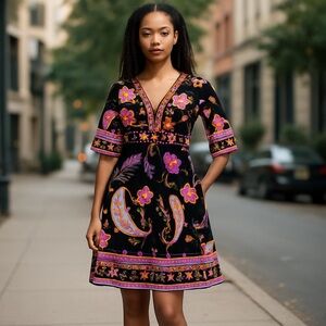 Trina Turk Colorful 100% Silk Floral Bell Sleeves Kimono Fairy Y2K Dress Size: 6